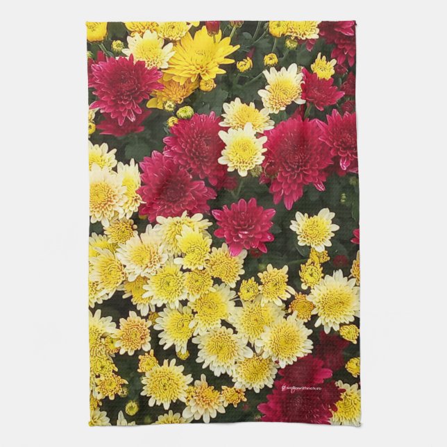 Stunning Red Gold Autumn Chrysanthemum Flowers Kitchen Towel (Vertical)