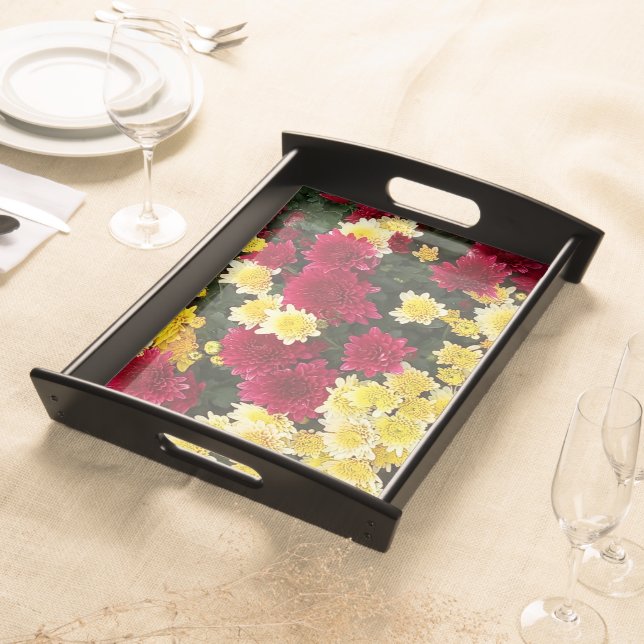 Stunning Red Gold Autumn Chrysanthemum Flowers Serving Tray (Front)