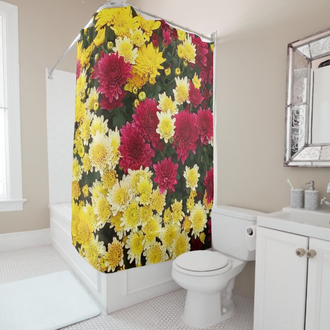 Stunning Red Gold Autumn Chrysanthemum Flowers Shower Curtain (In Situ)