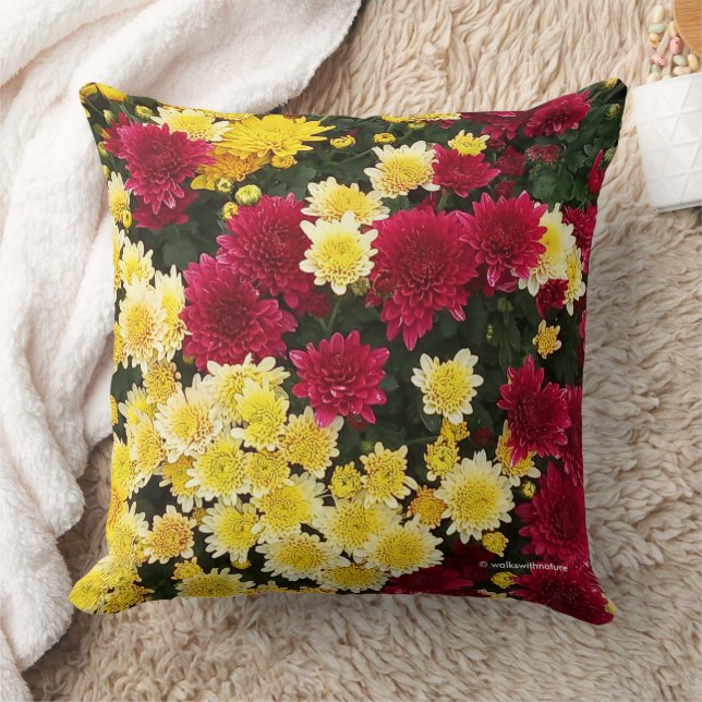 Stunning Red Gold Autumn Chrysanthemum Flowers Throw Pillow (Blanket)