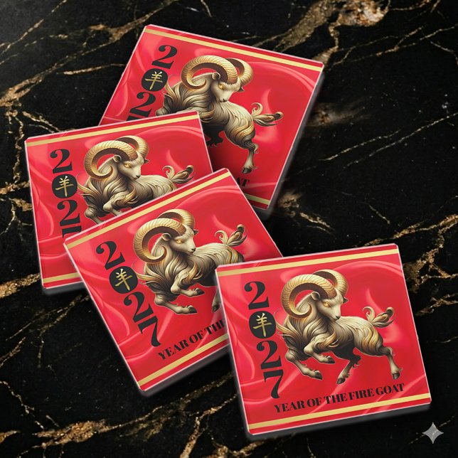 Stunning Red Gold Chinese Year of Fire Goat 2027 Glass Coaster (Stunning Red & Gold Year of the Fire Goat 2027 Glass Coasters Cover Photo)