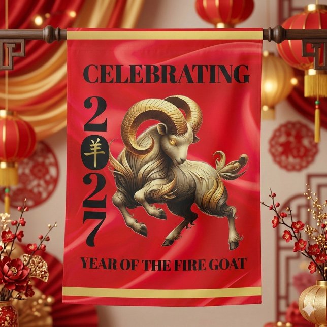 Stunning Red Gold Chinese Year of Fire Goat 2027 House Flag (Stunning Red & Gold Chinese Year of the Fire Goat 2027 House Flag Cover Photo)