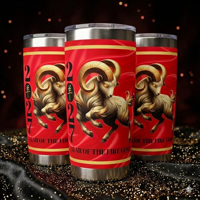 Stunning Red Gold Chinese Year of Fire Goat 2027 Insulated Tumbler (Stunning Red & Gold Year of the Fire Goat Stainless Steel Tumbler Cover Photo)