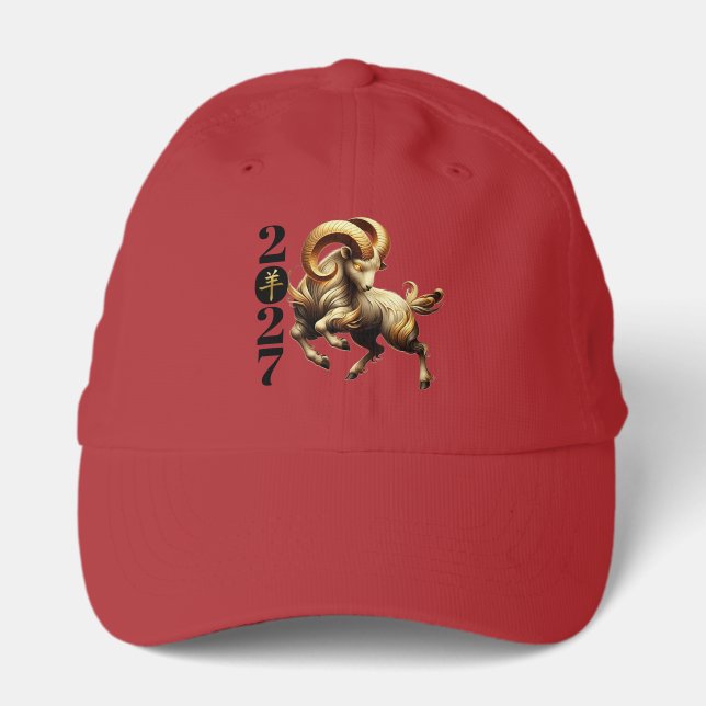 Stunning Red Gold Chinese Year of Fire Goat 2027 Performance Cap (Front)