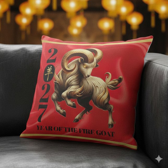 Stunning Red Gold Chinese Year of Fire Goat 2027 Throw Pillow (Stunning Red & Gold Chinese Year of the Fire Goat 2027 Throw Pillow Cover Photo)