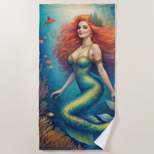 Stunning Red Haired Mermaid Beach Towel
