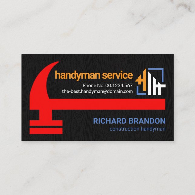 Stunning Red Hammer Black Timber Grunge Handyman Business Card (Front)