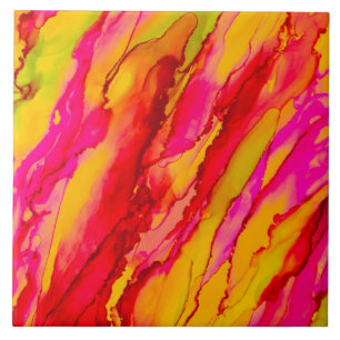 Stunning Red Pink Yellow Alcohol Ink Ceramic Tile