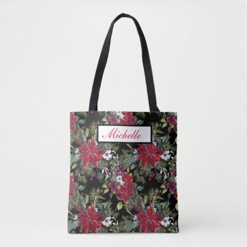 Stunning Red Poinsettias and White Floral on Black Tote Bag