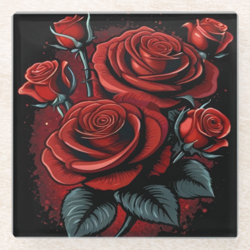 Stunning Red Roses on Black Floral Glass Coaster