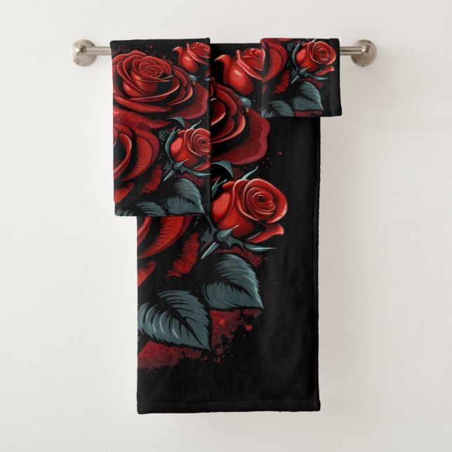 Stunning Red Roses on Black Love Theme Bath Towel Set (Insitu)