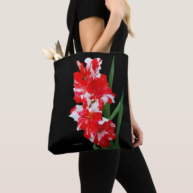 Stunning Red & White Gladiolus Sword Lilies Tote Bag (Close Up)