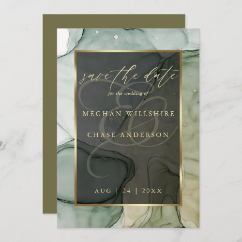 Stunning Rich Earthy Greens Liquid Abstract Ink Invitation