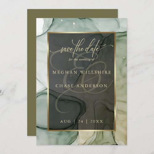 Stunning Rich Earthy Greens Liquid Abstract Ink Invitation