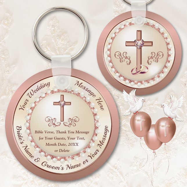Stunning Rose Gold, Christian Wedding Favors Ideas Keychain (Christian wedding favors for guests. Rose Gold and Champagne Wedding Theme. Elegant baptism favors.)