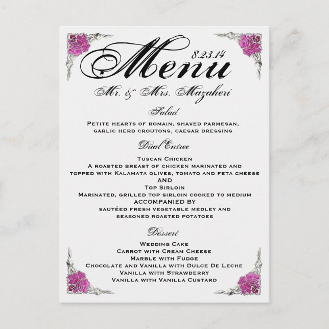 Stunning Rose Wedding Dinner Menu Thank you (Front)