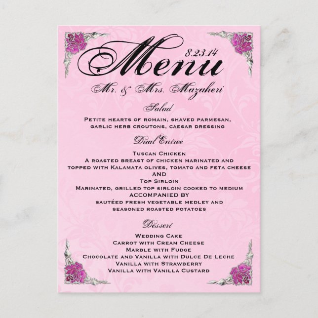 Stunning Rose Wedding Dinner Menu Thank you (Front)