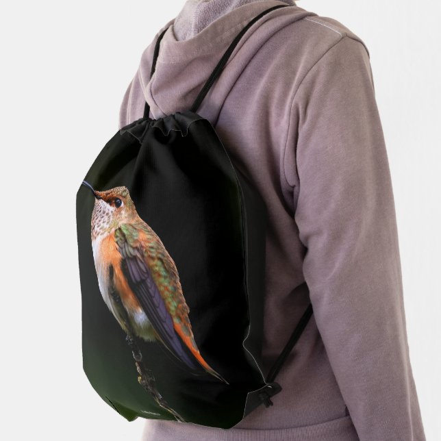 Stunning Rufous Hummingbird Poses on Fruit Tree Drawstring Bag (Insitu)