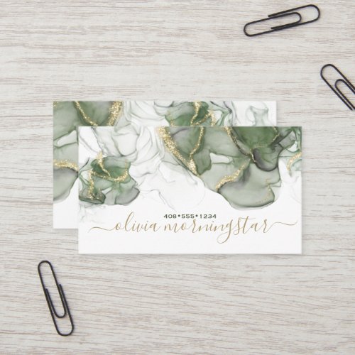 Stunning Sage Green Gold Accent Alcohol Ink  Business Card