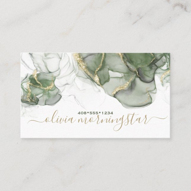 Stunning Sage Green Gold Accent Alcohol Ink  Business Card (Front)