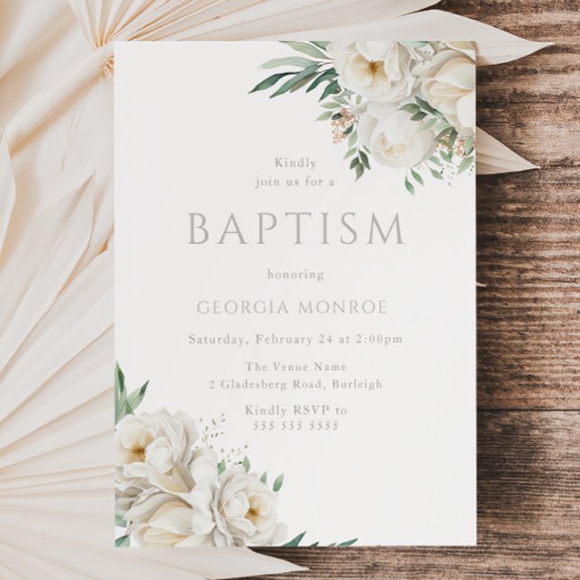 Stunning Sage Leaf & White Floral Baptism Invitation (Creator Uploaded)