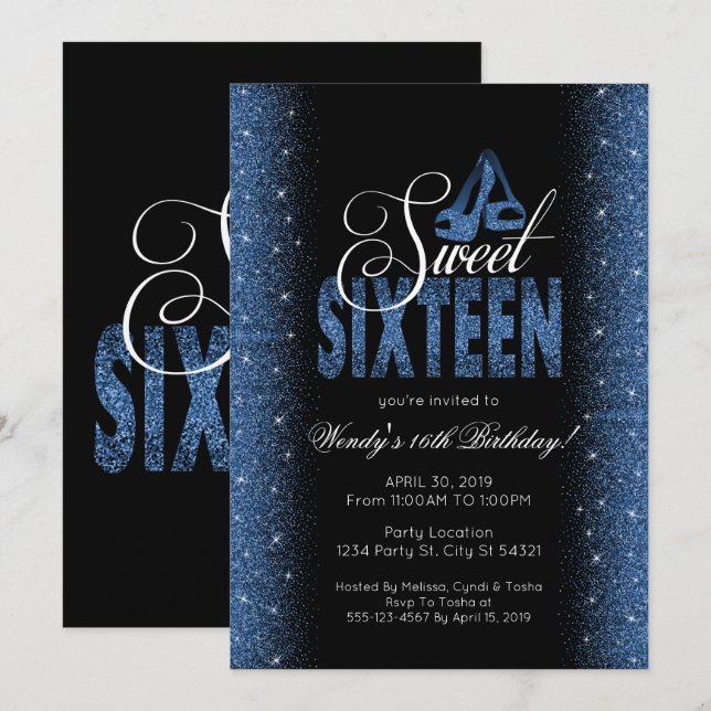 Stunning Sapphire Blue Sweet 16 Party Invitations (Front/Back)