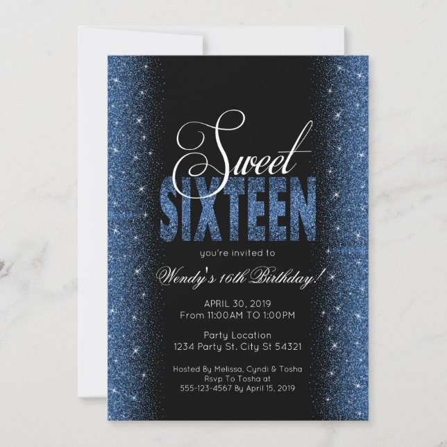 Stunning Sapphire Blue Sweet 16 Party Invitations (Front)