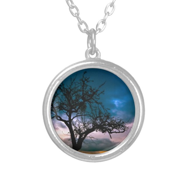 Stunning scenery - tree silhouette, sunset, moody silver plated necklace (Front)