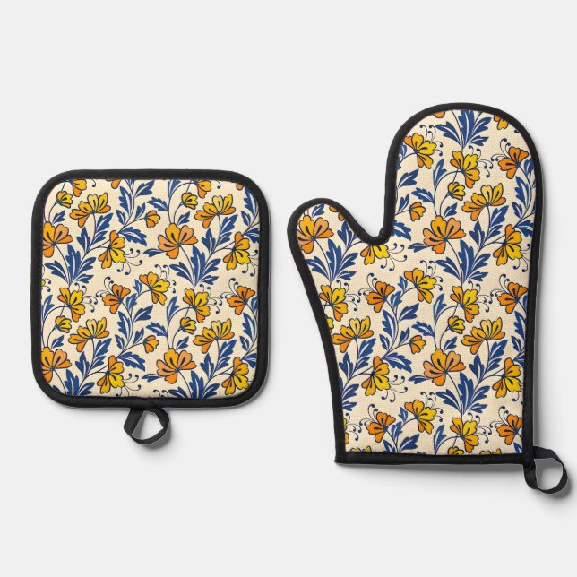 Stunning Seamless Pattern of Flowers and Leaves Oven Mitt & Pot Holder Set (Front)