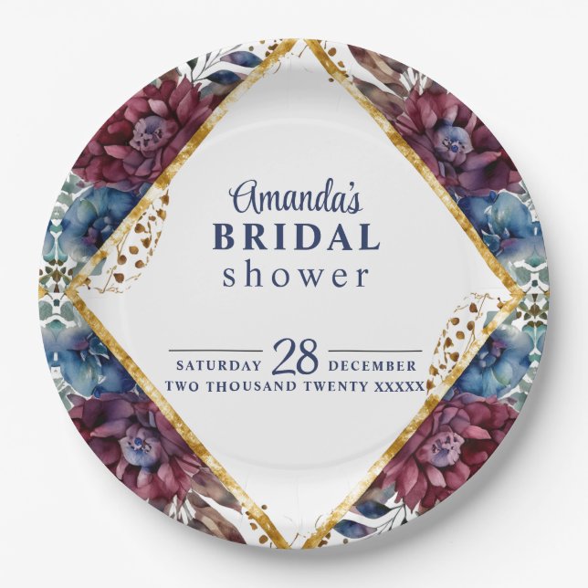 Stunning Sophistication Jewel-Toned Blue Red Peony Paper Plates (Front)