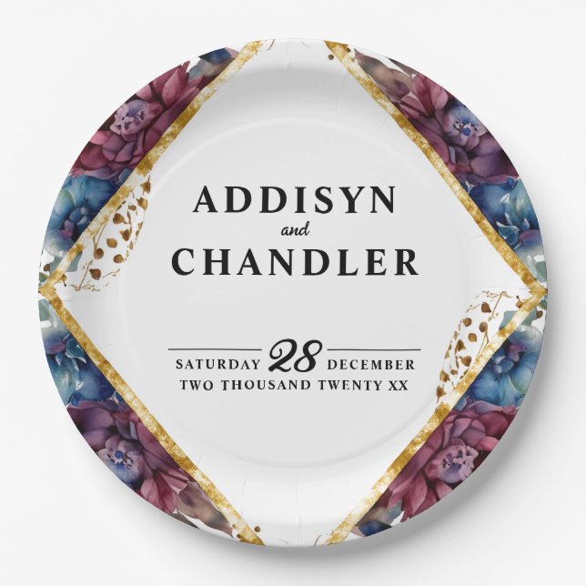 Stunning Sophistication Jewel-Toned Peony Wedding Paper Plates (Front)