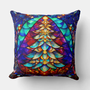 Stunning Stained Glass Colorful Christmas Tree Throw Pillow