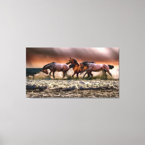 Stunning Stallions Playing in the Ocean Waves Canvas Print
