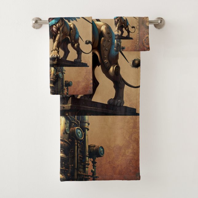 Stunning steampunk lion  bath towel set (Insitu)