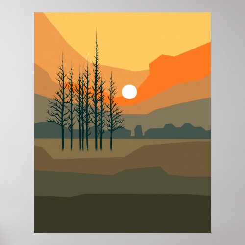 Stunning sunset behind trees in orange  colors poster