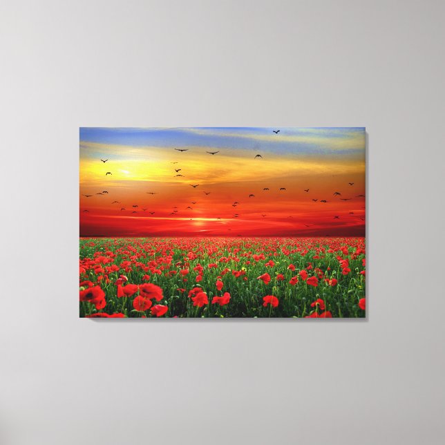 Stunning Sunset Birds Over Poppy Field Canvas Print (Front)
