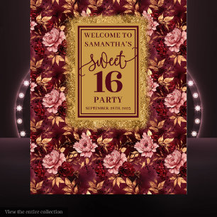 Stunning Sweet 16 Blush Burgundy Gold Banner Tapestry