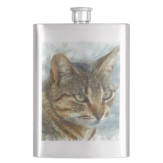 Stunning Tabby Cat Close Up Graphite Pencil Portra Hip Flask (Front)