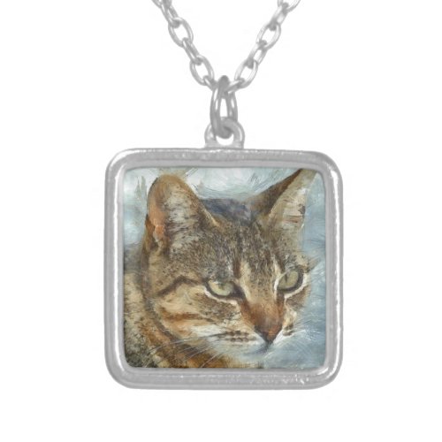 Stunning Tabby Cat Close Up Graphite Pencil Portra Silver Plated Necklace