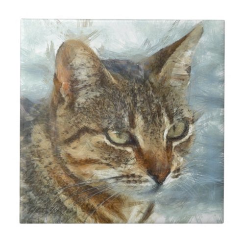 Stunning Tabby Cat Close Up Graphite Pencil Portra Tile