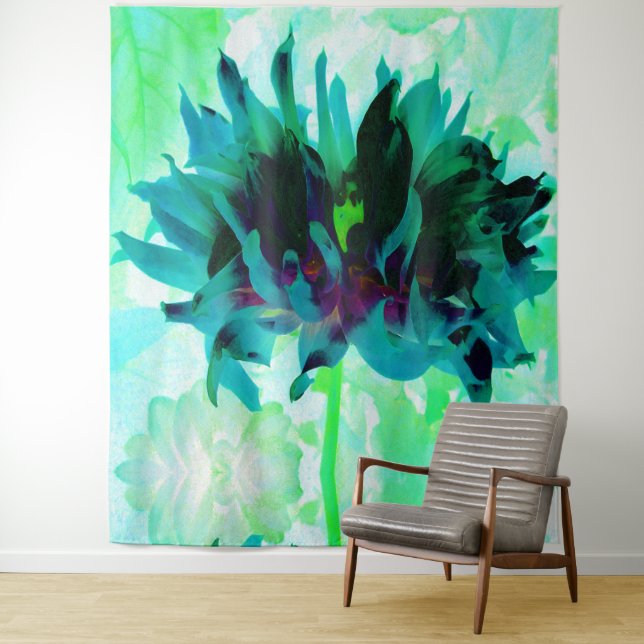 Stunning Teal and Black Cactus Dahlia Tapestry (In Situ)