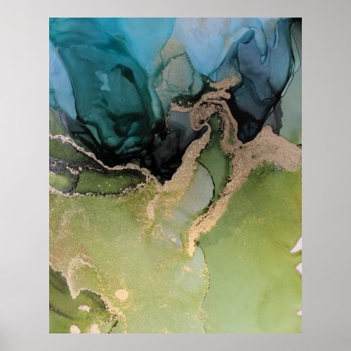 Stunning Teal Black Gold Alcohol Ink Poster