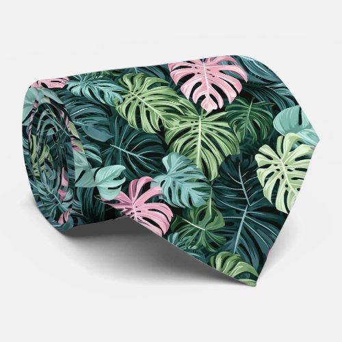 Stunning Tie with Tropical Leaves in Green  Pink