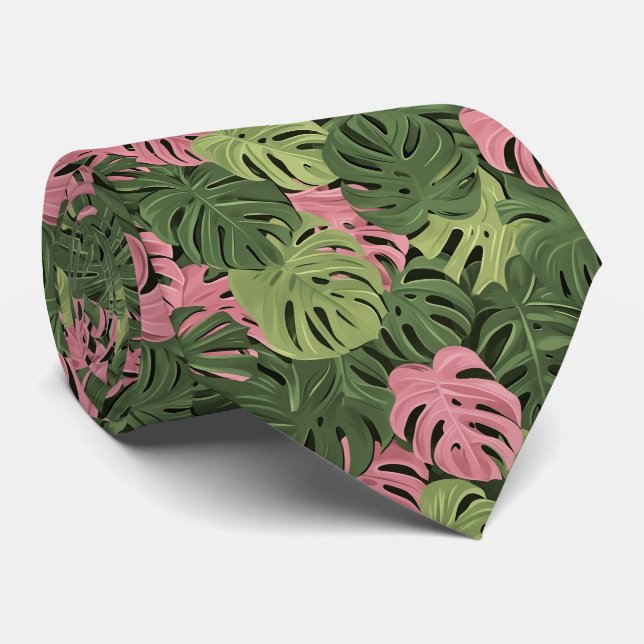 Stunning Tie with Tropical Leaves in Green & Pink (Rolled)