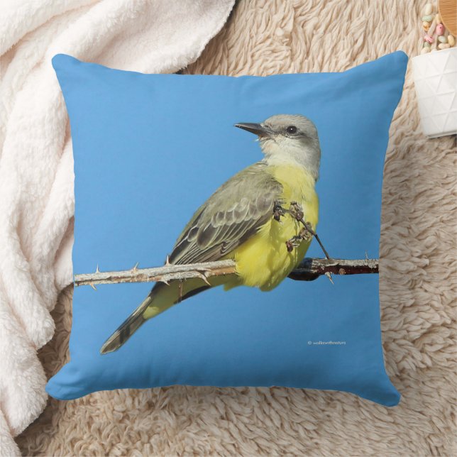 Stunning Tropical Kingbird on Blackberry Branch Throw Pillow (Blanket)