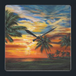 Stunning Tropical Sunset Square Wall Clock<br><div class="desc">"Stunning Tropical Sunset II" by Carolee Vitaletti. Features a sunset against trees and water on the beach.</div>
