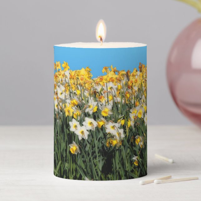 Stunning Two-Tone Daffodils Floral Photography Pillar Candle (In Situ)