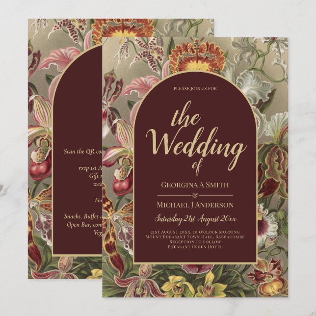 Stunning Vintage Botanical Burgundy Floral Weddin Invitation (Front/Back)