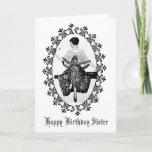 Stunning Vintage Woman Black Lace Birthday Sister Card<br><div class="desc">A stunning black and white vintage design. Fancy black oval frame. A woman in black dress with a white lace shawl. Appears to be sitting on a bench with a spoon (perhaps) in her hand. Happy Birthday Sister. Enjoy.</div>