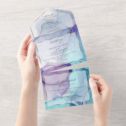 Stunning  Violet Aqua Abstract Ink All In One Invitation